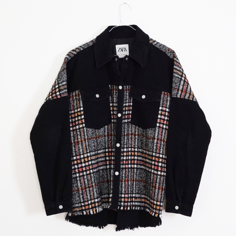 ZARA Denim Contrast Plaid Front Pockets Button Up Jacket S Outwear
